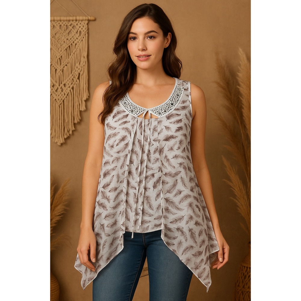 Style & Co Women's Top XL Sheer Feather‎ Print Overlay Embellished Rhinestone